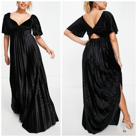 ASOS DESIGN twist back pleated empire waist velvet maxi dress in Black - Picture 1 of 14
